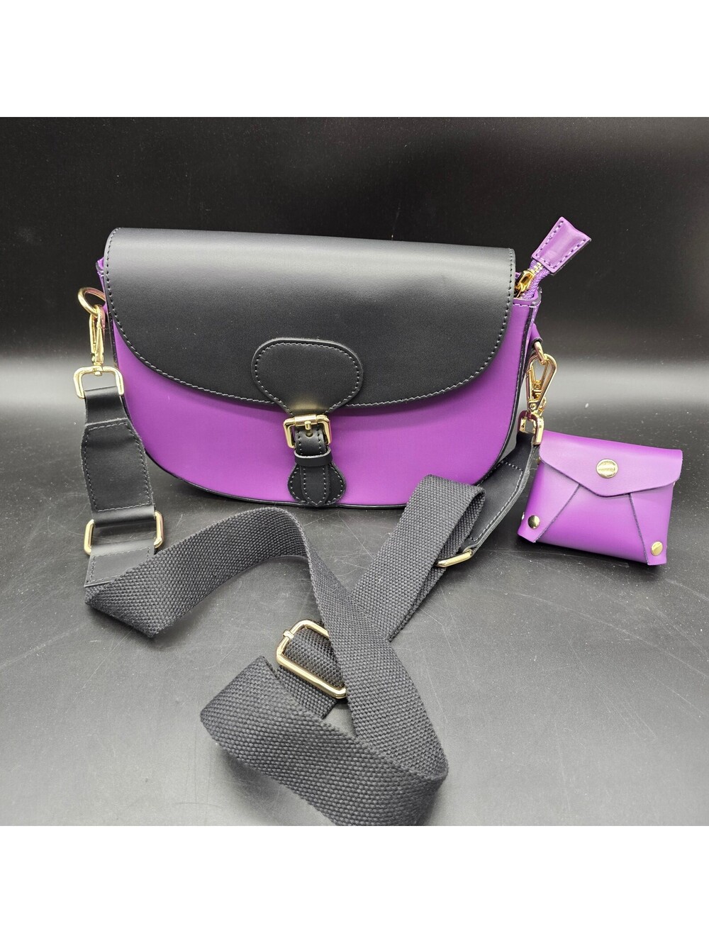STELLA BIANCA Genuine Leather Crossbody Bag Purple & Black Made in Italy